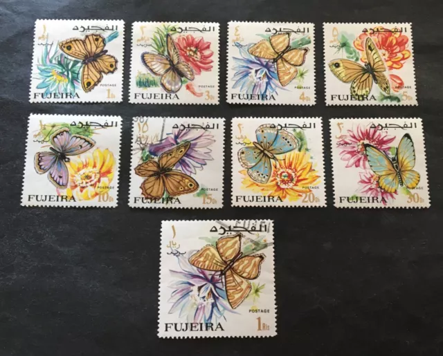 Fujeira UAE 1967 butterflies - 9 stamps with Michel No. 159, 167, 171
