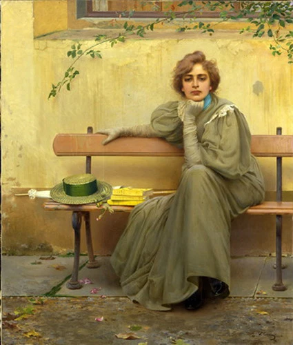 Oil painting female portrait young lady waiting on bench with hat in landscape