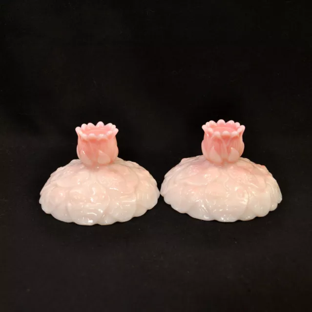 Fenton Pair of Candle Stick Holders Waterlily Pink Rosalene Milk Glass 1976-1979