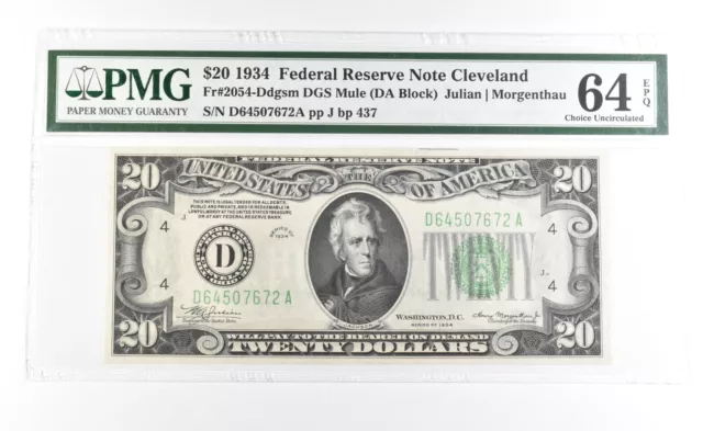 PMG64 Choice Unc EPQ 1934 $20 Cleveland OH US FRN Green Seal Fr#2054-Ddgsm *0946