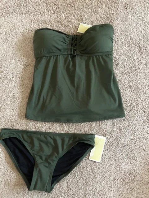 Michael Kors Tank Bandeau Tankini Swimsuit Apron Back Green Small