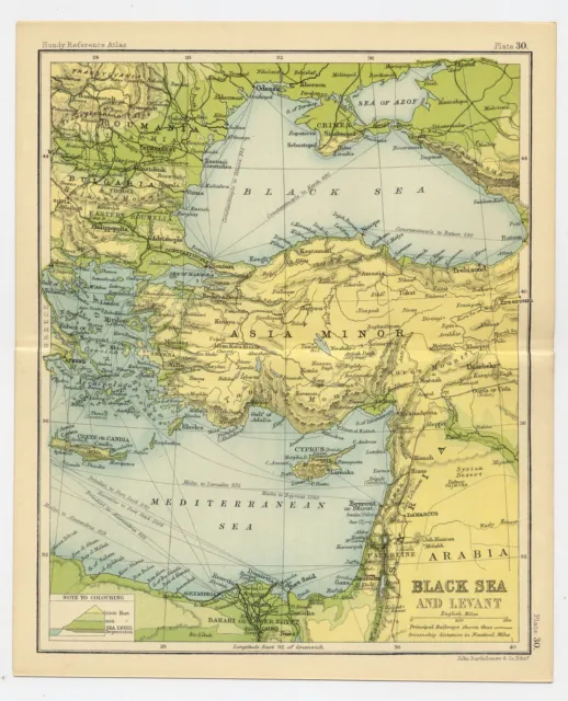 1912 Antique Map Of Turkey Black Sea Crimea Palestine Israel Levant Verso Smyrna