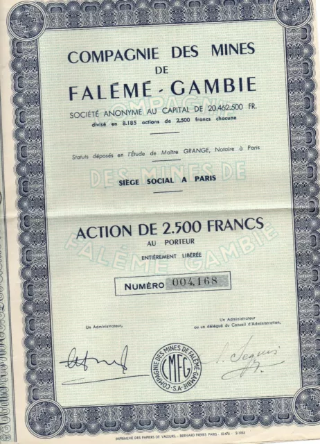 Action Compagnie des Mines de Falémé-Gambie 1955, de 2500 francs