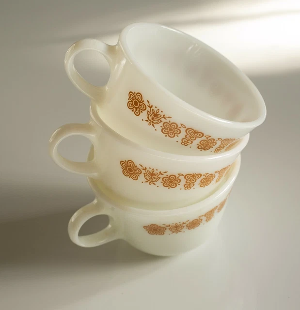 Pyrex Corning Butterfly Gold Coffee Mug Tea Cup Round Style Flat Bottom Set of 3