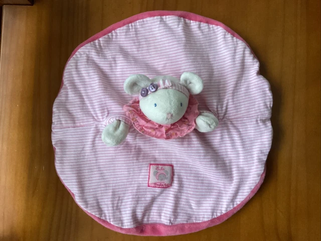 Doudou plat Souris Lila MOULIN ROTY 2012 Rond Marionnette Rose Blanc Rayé