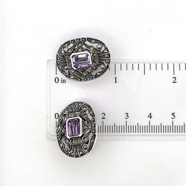 Amethyst and Marcasite Victorian Style Clip Earrings 925 Sterling Silver 2