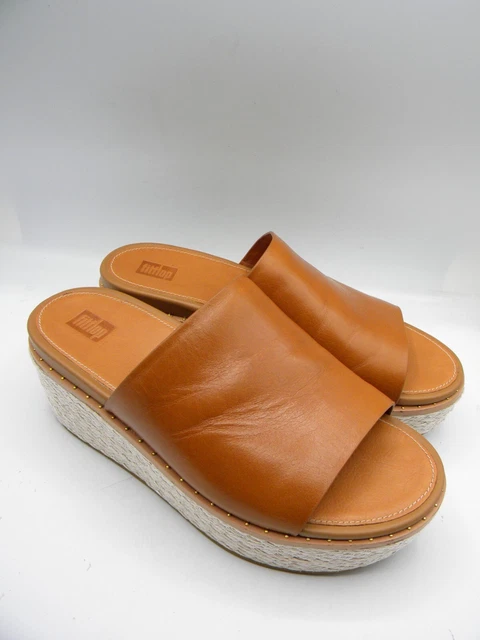 FitFlop ELOISE Cognac Leather Gold Beads Platform Espadrille Slide Sandal Sz 7