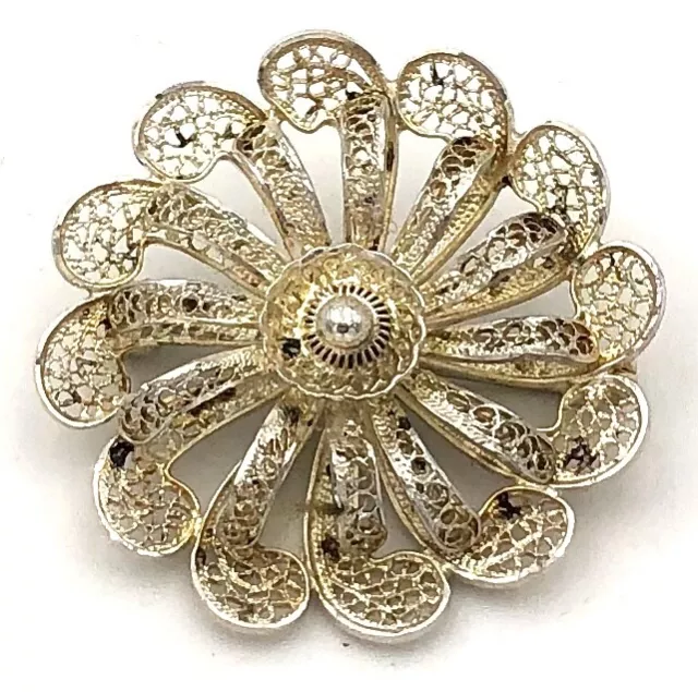 Antique Broche De 835 Argent, Fleurs, Bon État Filigrane