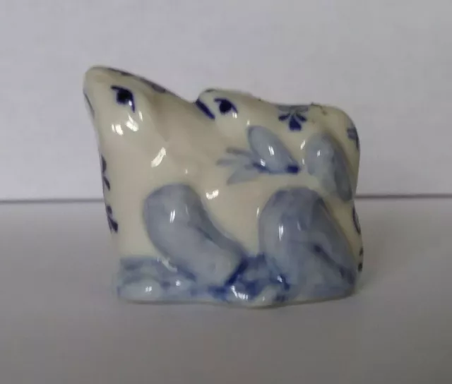 Ceramic/Porcelain Delft Style Frog Figurine White&Blue Floral Riding Baby Floral