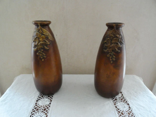 Paire de vases terre cuite  - Art nouveau - Céramique d'Art " I.A" Décor Foral