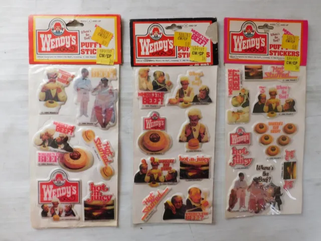 3 packs Wendys puffy stickers Wheres the Beef? 1984 NOS