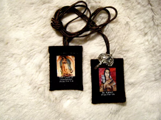 St. Kateri Tekakwitha Our Lady of Guadalupe Brown Scapular 100%Wool Handmade