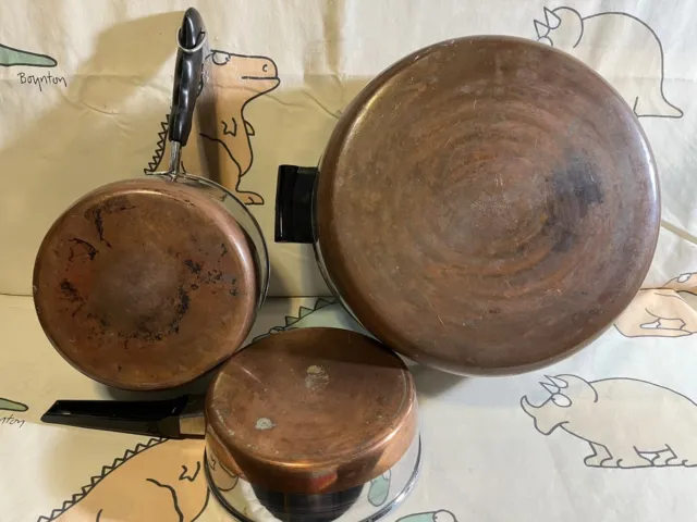 Vntg Copper Bottom Stock Quart Pot 3 Piece Lot Revere Ware Normandy Set Pan Cook