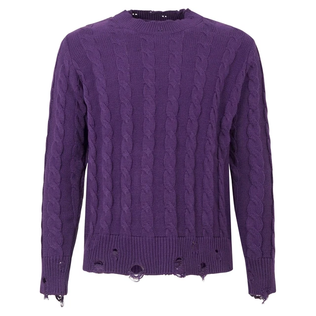 Marsem - Maglione girocollo viola con lavorazione a treccia e rotture per uomo