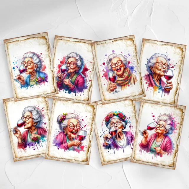 Watercolor Style Funny Drinking Grandma's Card Toppers Cardmaking Tags Craft