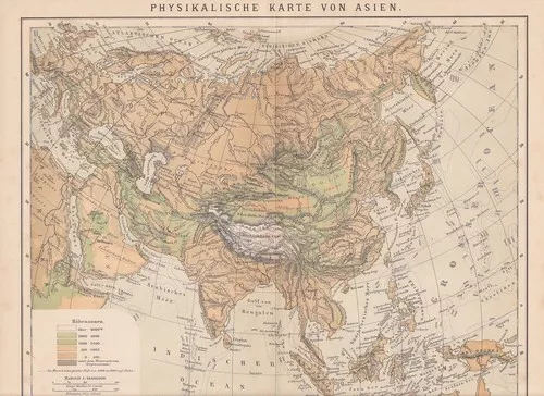 Asien Physikalische LANDKARTE von 1882 Gebirge Höhenschichten Himalaya