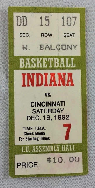 1992 12/19 Cincinnati at Indiana Hoosiers College Basketball Ticket Stub