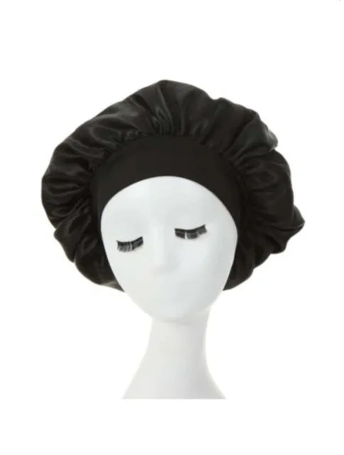 Women Long Hair Care Satin Black Bonnet Night Sleep Hat Cap Silk feel Head Wrap