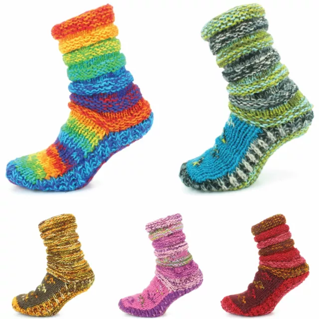 Wool Socks Chunky Knitted Fleece Lined RAINBOW Slipper Winter Warm LoudElephant