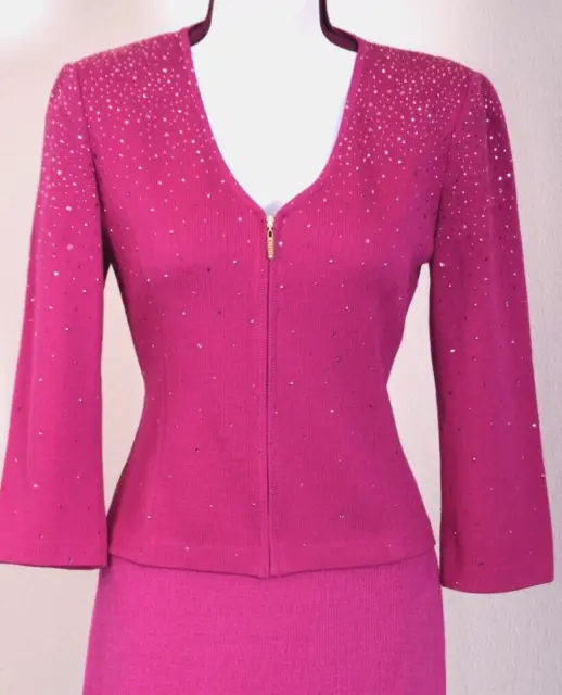 ST.JOHN Womens Knit Pink Studs Throughout Rhinestone Zip Jacket Sz 8