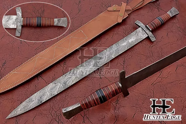 HUNTEX Handmade Damascus Blade, Cross Guard Hilt Well-Balanced Viking Long Sword