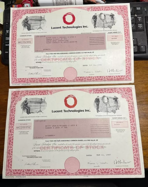 2 - Lucent Technologies Stock Certificate 1997 Alexander Graham Bell Photophone