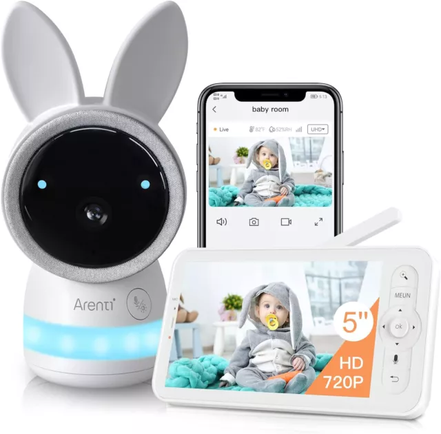 Audio Video Baby Monitor, 2k WiFi Bunny PTZ Camera; Motion & Cry Detection 5” HD