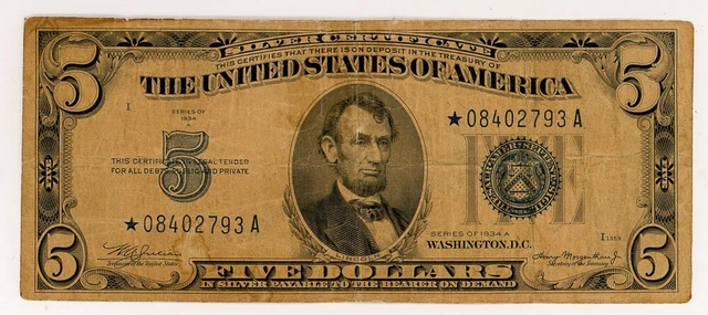 Series 1934 $5 Silver Certificate *Star Note* VF Details FR# 1651