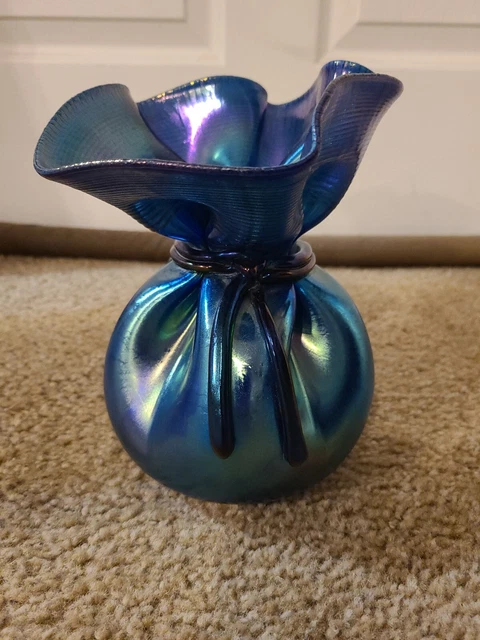 Orient & Flume Glass irridessent tied bag vase Signed Smallhouse Gorgeous Blue