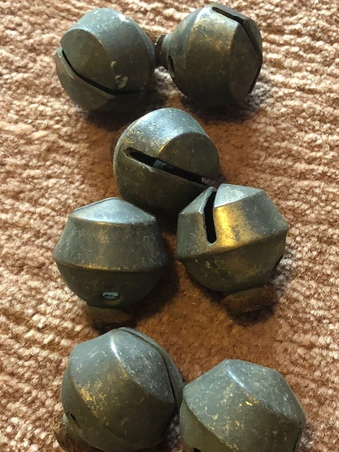 Antique Brass Sleighbells Christmas Patina Original Old Leather Rings True #7
