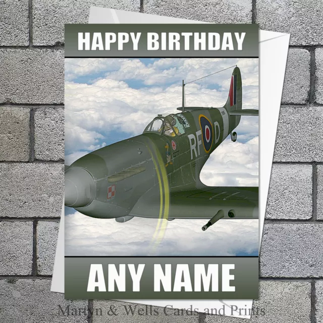 Spitfire birthday card. 5x7 inches. Personalised, plus envelope. WWII Airplane. 2