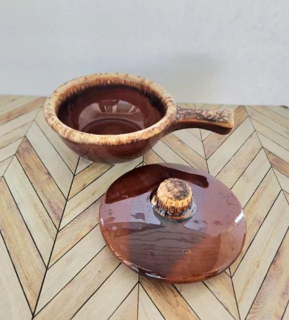 Vintage Hull Pottery Oven Proof USA Brown Drip Glaze Soup Chili Bowl Crock W/Lid