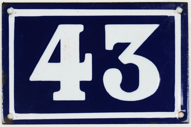 Old blue French house number 43 door gate wall fence street sign plate plaque
