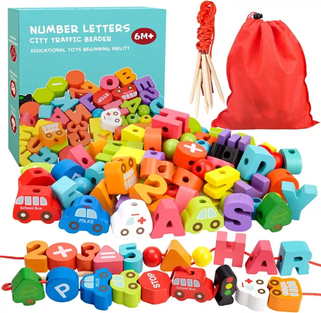 LITTLEFUN Preschool Montessori Wooden Threading Toys with Animals Fruits Number