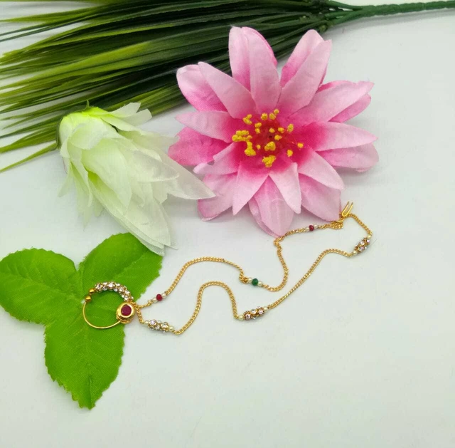 Bollywood Indiano Sposa Gioielli Oro Naso Anello Placcato Nath Polki Catena