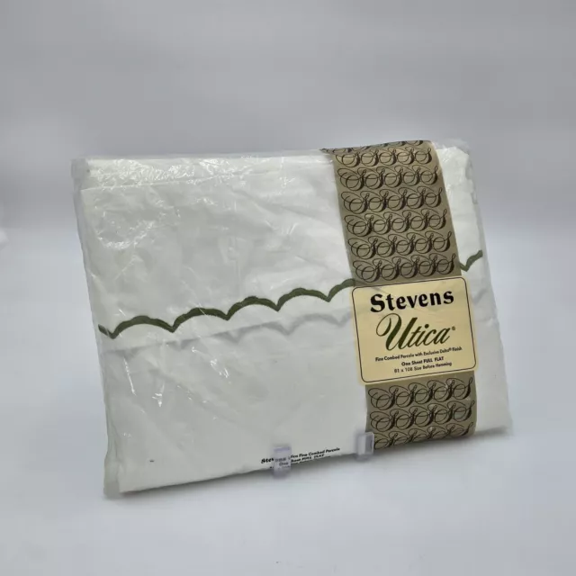 Vintage FULL Flat Sheet Stevens Utica White/ Green Embroidered Percale NOS #572