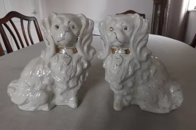 Pair White Porcelain King Charles Spaniel Dogs