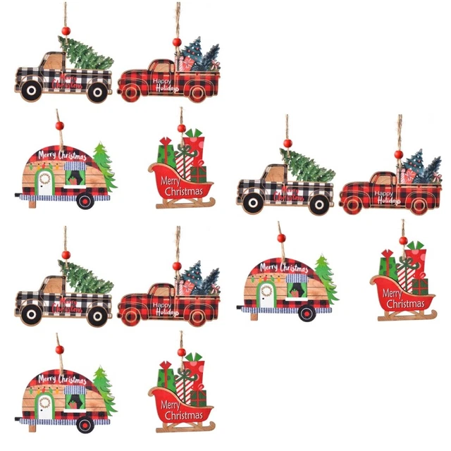 12 Pcs Christmas Ornaments Wooden Xmas Truck Vintage Hanging Crafts Tree Car