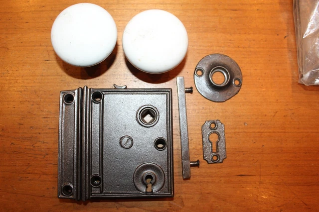 Restored Antique Cast Iron Rim Lock Set with Knobs, Keyhole, Rosette R-112