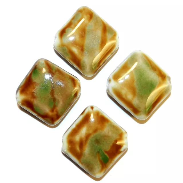CPC267 Brown & Green on White 28mm Flat Square Diamond Porcelain Beads 8pc