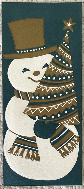 Unused Christmas Santa Hold Tree Green Gold Vintage MCM Greeting Card 1960s
