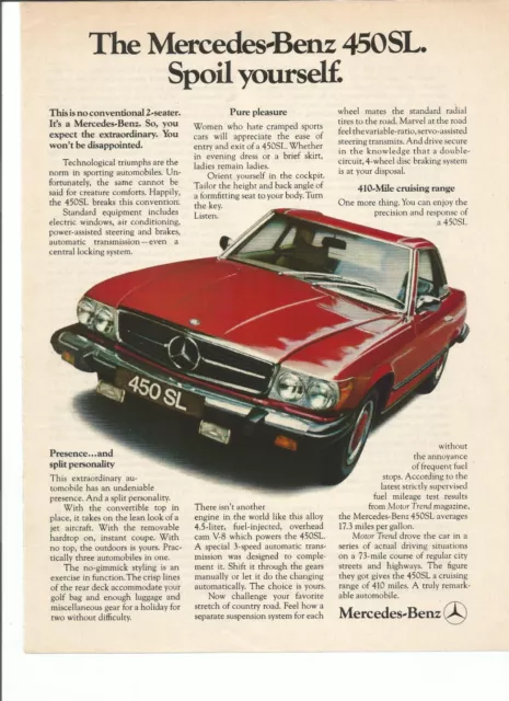 Original 1974 Mercedes-Benz 450SL vintage print ad:  "Spoil yourself"