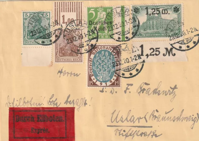 Postkarte per Eilpost in Ortszustellung USLAR 23.12.1920 mit int.Mischfrankatur