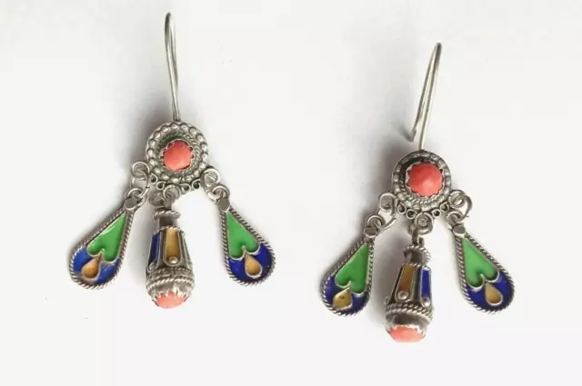 Ancienne Boucles D'oreilles Berbère : Corail Sûr Argent Massif Cloisonné émaillé