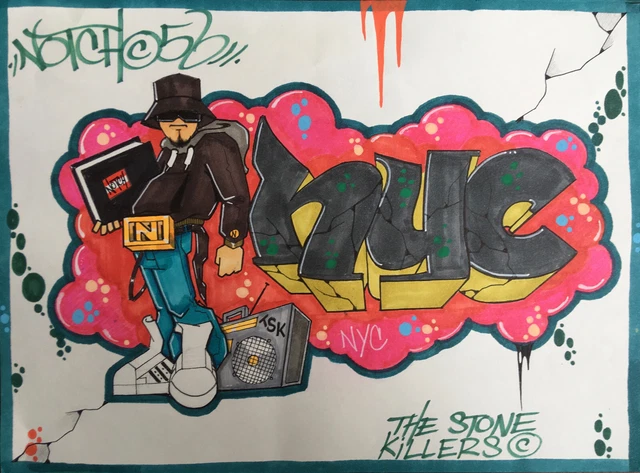 Dessin Original Graffiti NOTCH 56 BRONX – Papier Marker 21x28cm – Artistes Légendaires