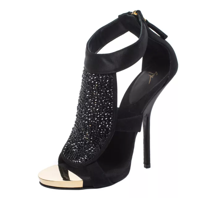 Giuseppe Zanotti Black Satin and Suede Crystal Embellished Ankle Strap Sandals