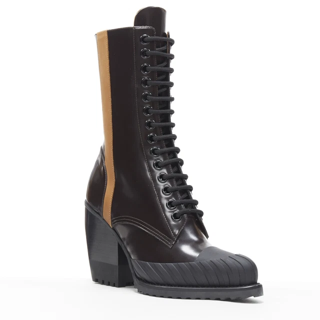 new CHLOE Runway Rylee brown glossy leather block heel heel rubber toe boot EU37