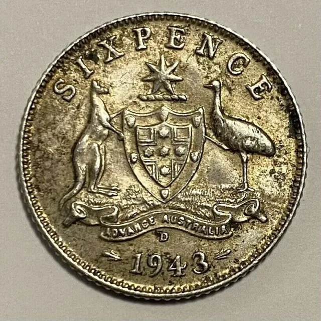 1943-D Australia  Sixpence 6 Pence Silver Coin - George V