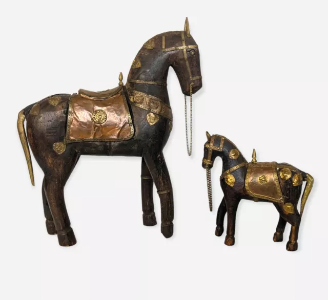 2 Vintage Hand Carved Wooden Armored Horses Brass Copper Inlay Statue Sculptures