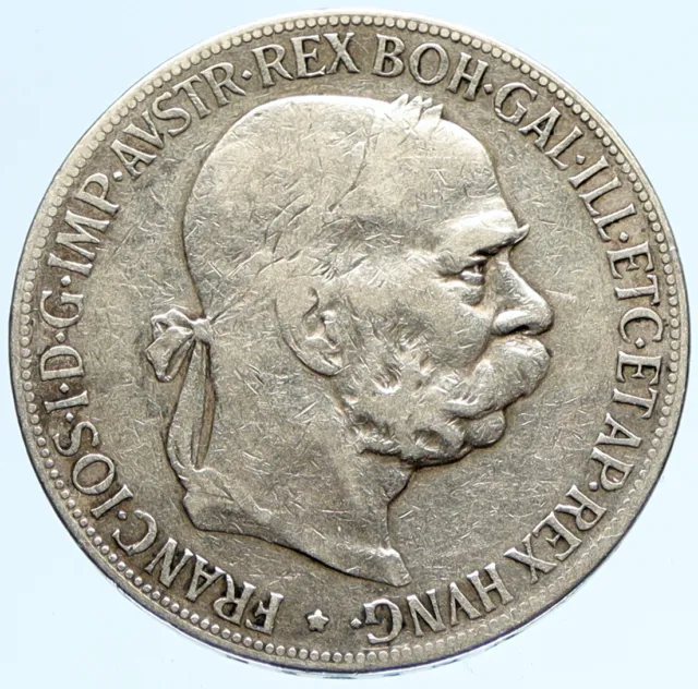 1900 AUSTRIA w KING FRANZ JOSEPH I Eagle OLD ANTIQUE Silver 5 Corona Coin i97417